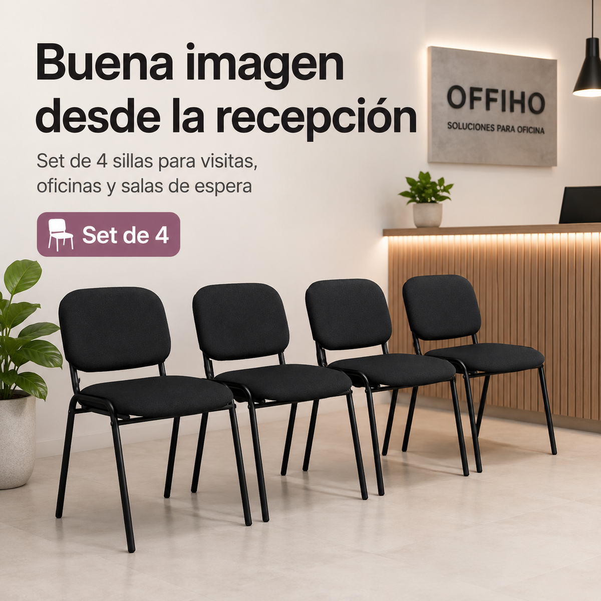 Offiho Set de 4 Sillas de Oficina para Visita Tapiz Personalizable con Estructura de Acero, Modelo ECOVISITA