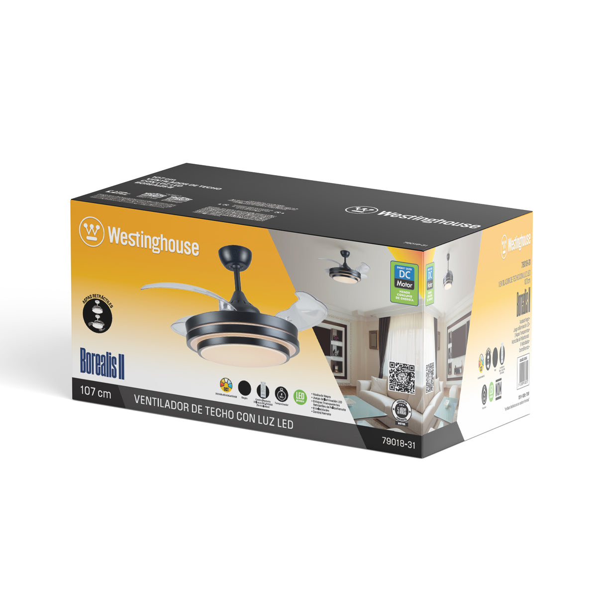 Westinghouse Ventilador de Techo Borealis II 42” con Aspas Retráctiles y LED, Negro, Modelo 79018