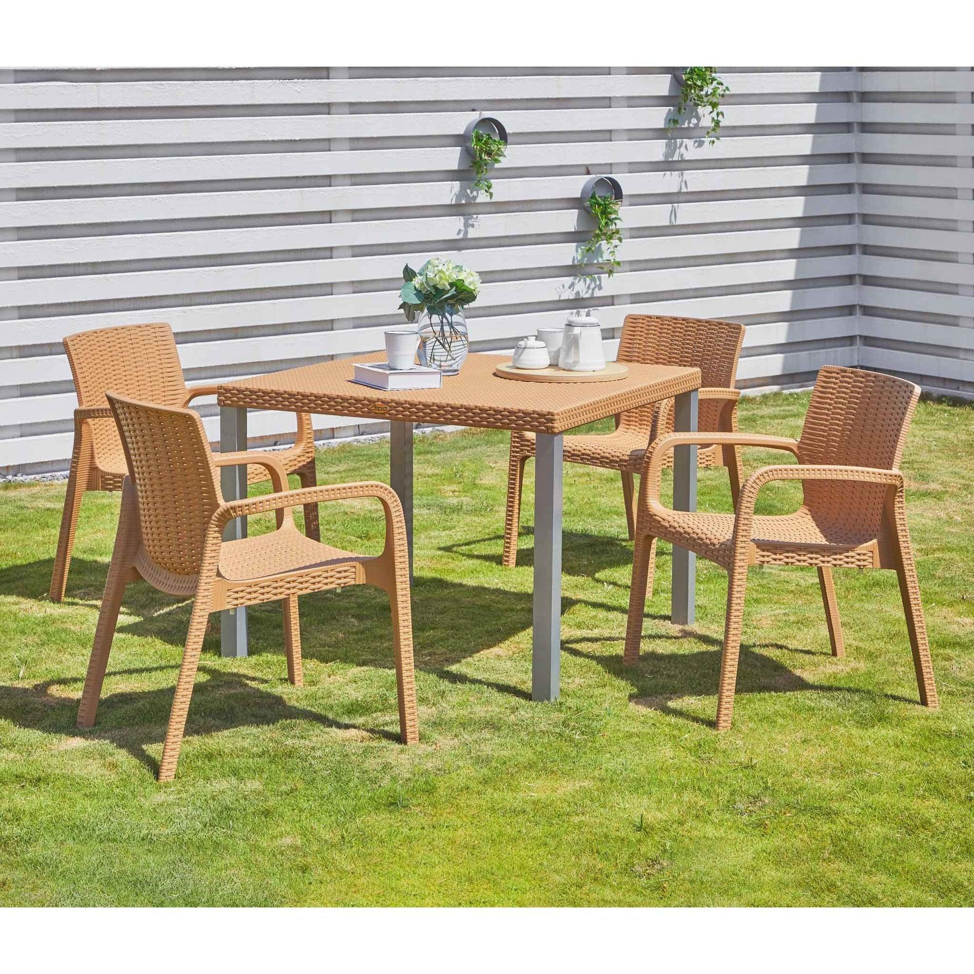 Lagoon Comedor con 4 Sillas Tipo Ratán para Exterior e Interior con Protección Solar UV, Mesa Oslo 7020 + Silla Koppla 7027 - LuzDeco