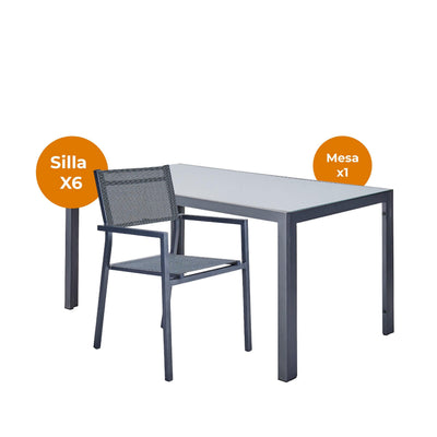 Naterial Set de Comedor: Mesa + 6 Silla de Textileno y Aluminio con Descansabrazos Apta para Exterior, Modelo Mesa  Lyra II+ Sillas Orion Alpha II