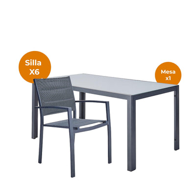 Naterial Set de Comedor: Mesa + 6 Sillas con Descansabrazos Apta para Exterior, Modelo Lyra II + Sillas Orion Beta II