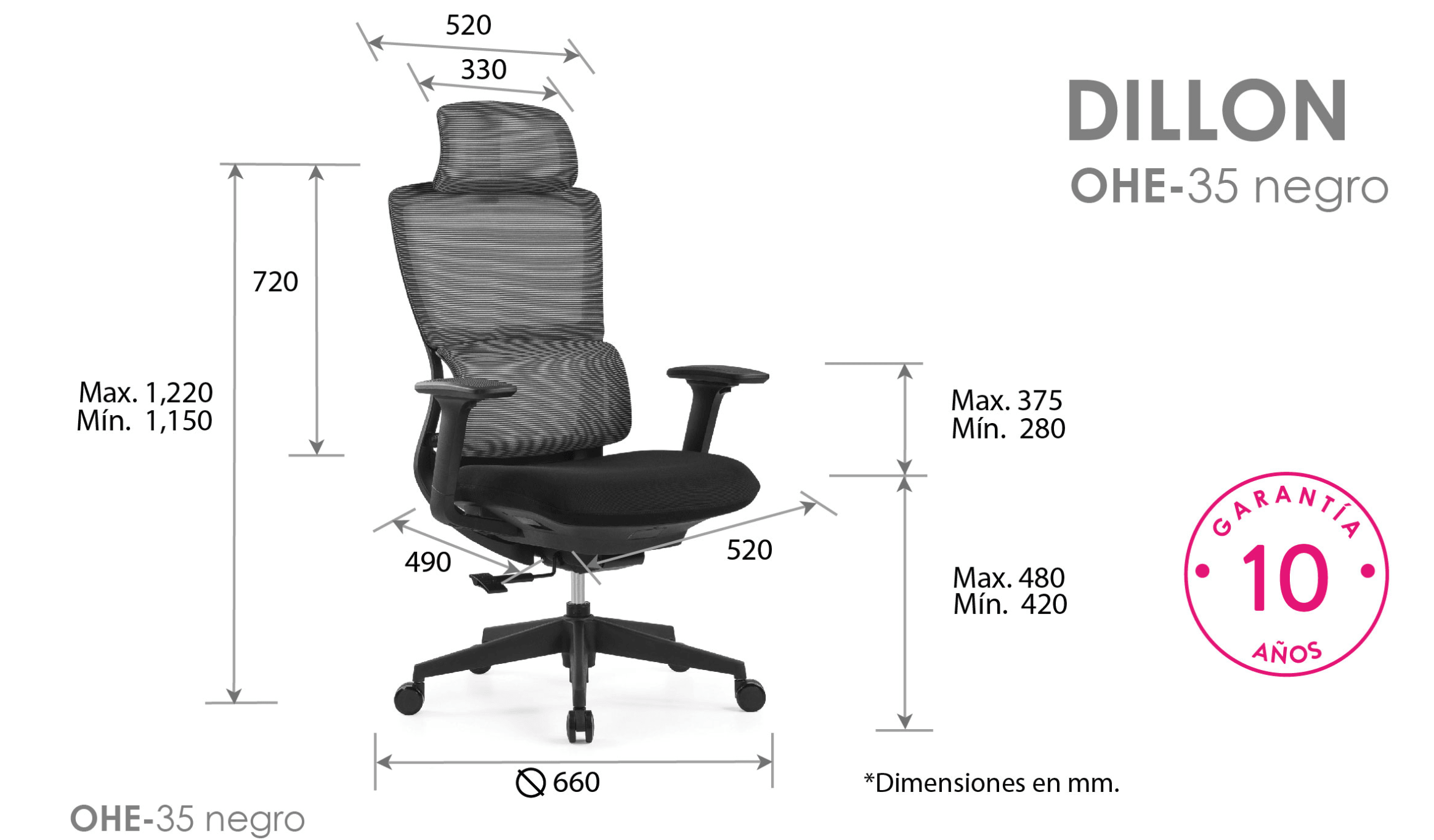 Offiho Silla De Escritorio Ergonómica Reclinable con Altura Ajustable con Tapiz Mesh, Modelo OHE35 DILLON - LuzDeco