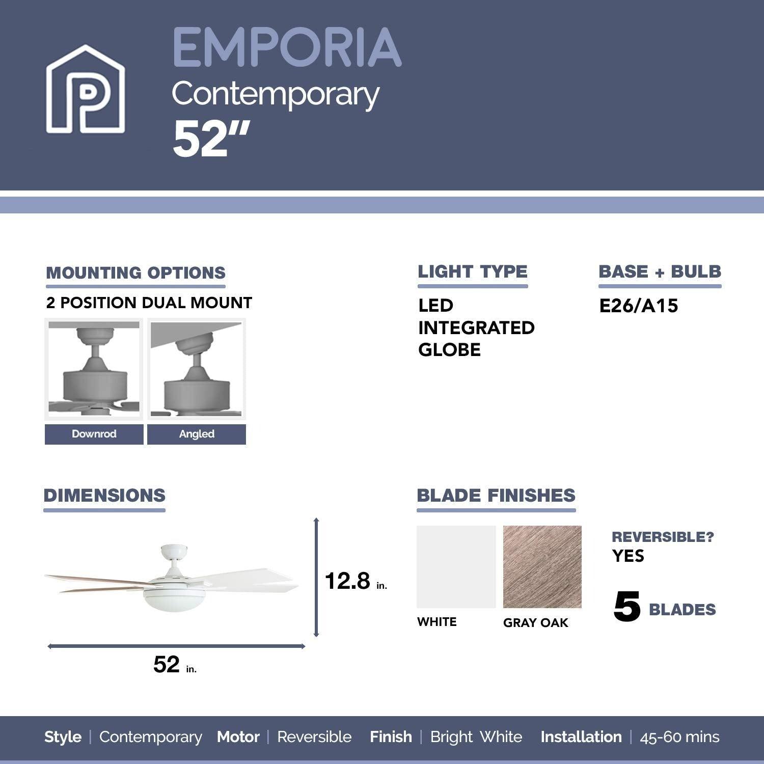 Prominence Home Ventilador de Techo de 52" con Luz y 5 Aspas Reversibles con Control Remoto, Modelo Emporia 51021 - LuzDeco