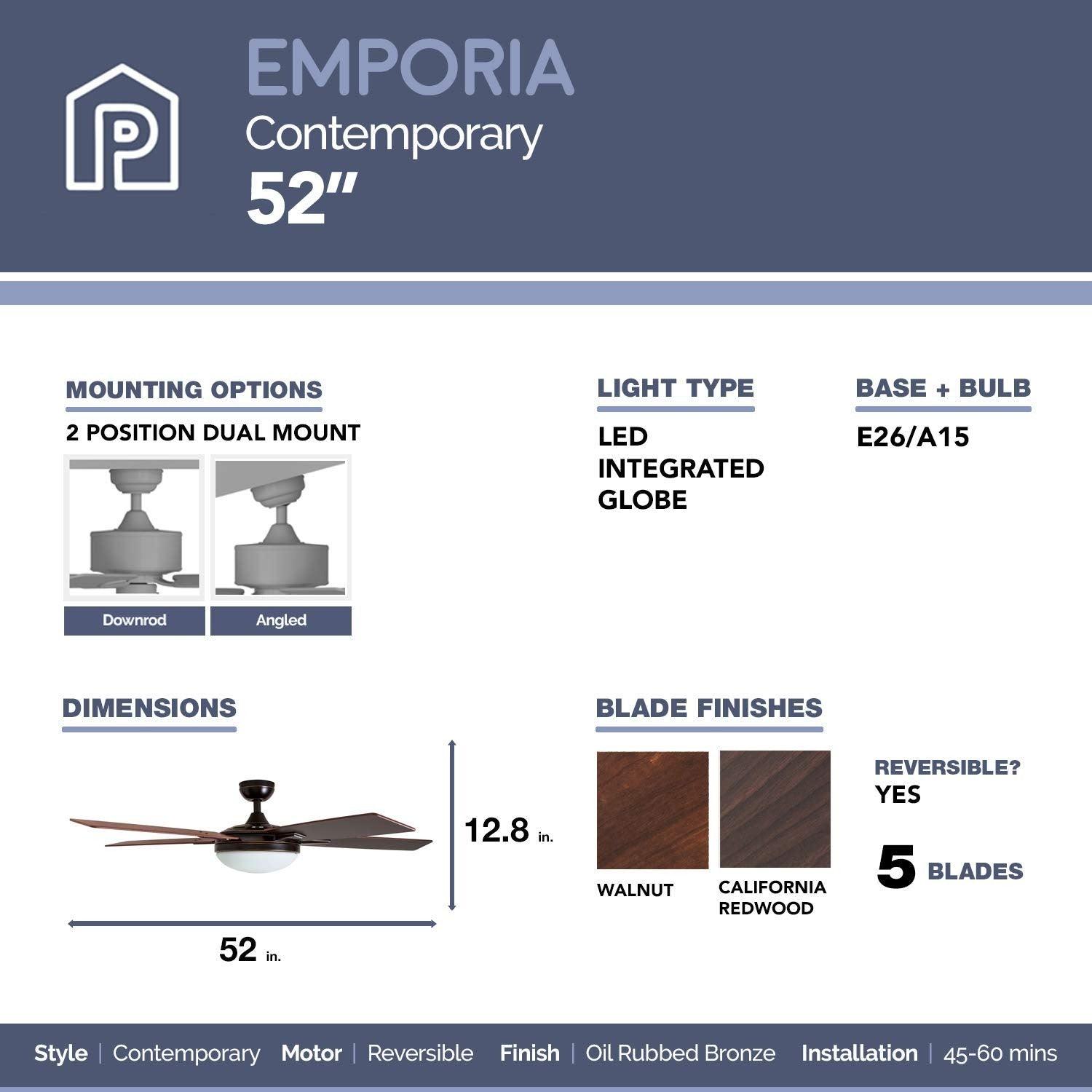 Prominence Home Ventilador de Techo de 52" con Luz y 5 Aspas Reversibles con Control Remoto, Modelo Emporia 51021 - LuzDeco