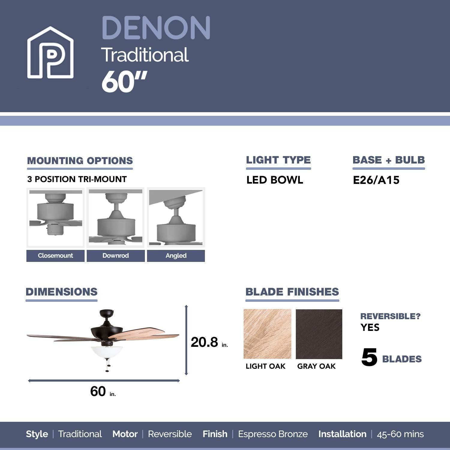 Prominence Home Ventilador de Techo de 60" con Luz y 5 Aspas Reversibles con Control de Cadena, Modelo Denon 51028 - LuzDeco