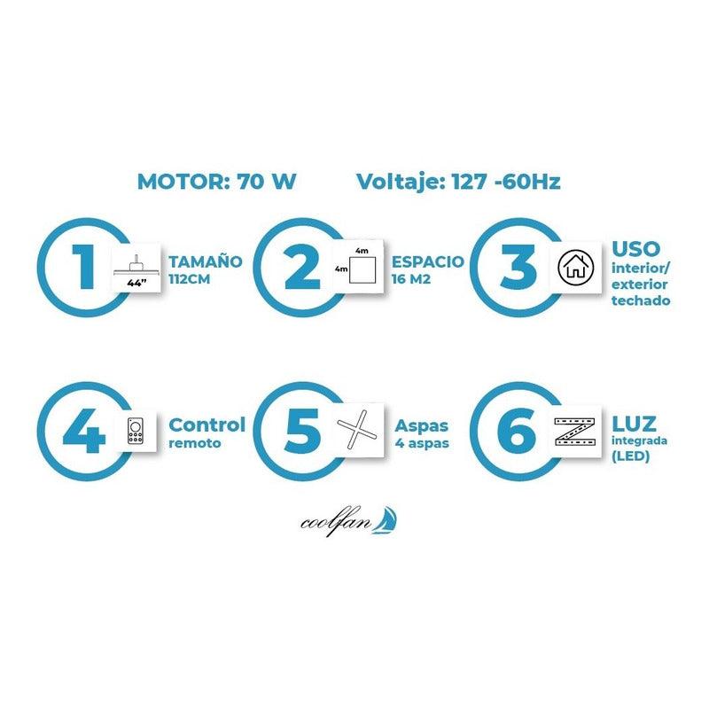 Coolfan Ventilador de Techo de 44'' con Luz LED y 4 Aspas Reversibles con Control Remoto, Modelo Bela 52201 - LuzDeco