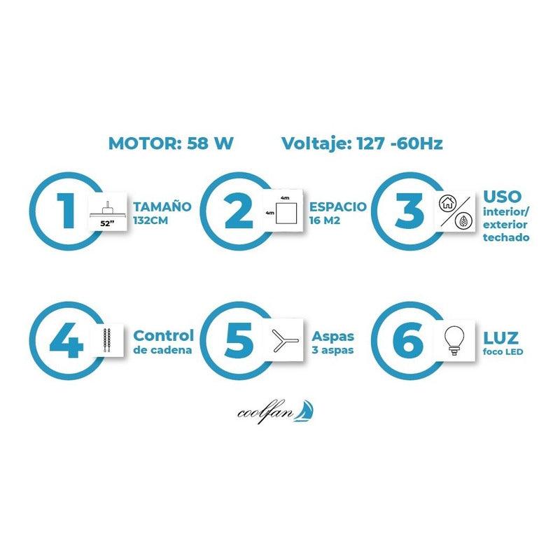 Coolfan Ventilador de Techo de 52'' con Luz LED y 3 Aspas Reversibles con Control de Cadena, Modelo Eliseo 48201 - LuzDeco